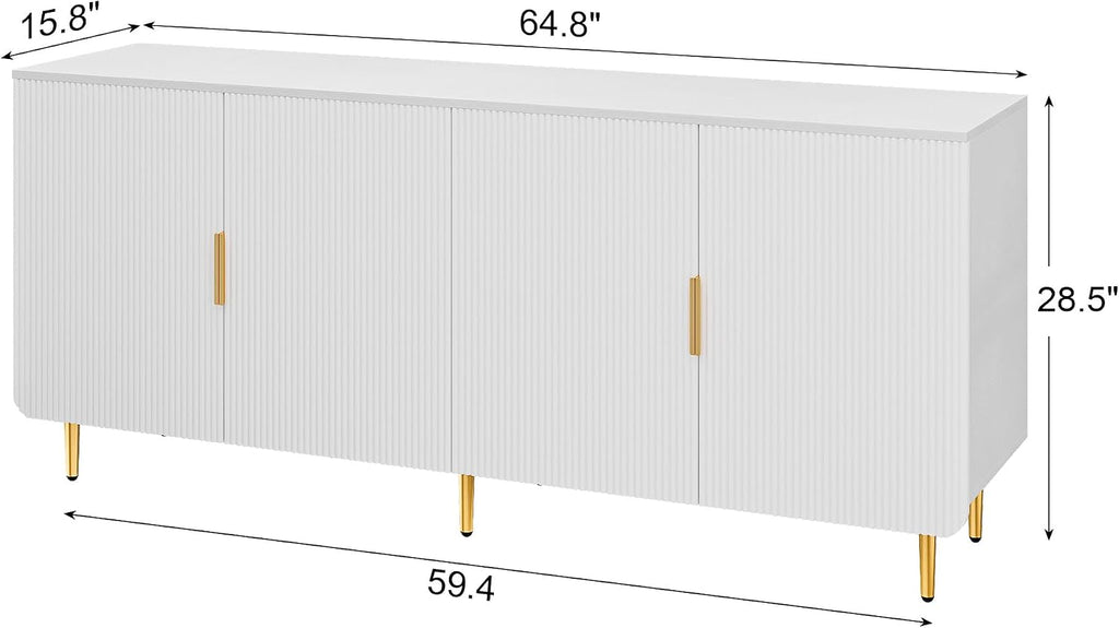 65' Fluted Sideboard Buffet Cabinet with Storage, Console Cabinet with 4 Doors & Adjustable Shelves, Modern Buffet Table for Kitchen Dining Living Room Hallway‌ Entryway, White