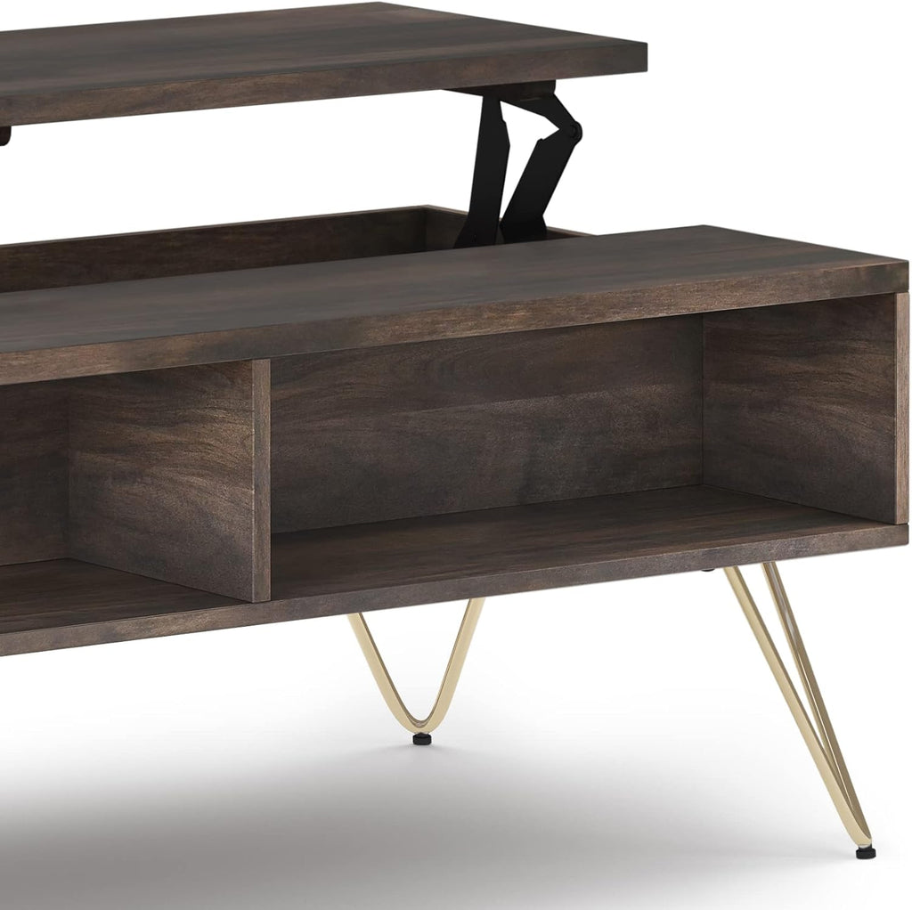 SIMPLIHOME Hunter SOLID MANGO WOOD and Metal 48 Inch Wide Rectangle Industrial Lift Top Coffee Table in Ebony, For the Living Room and Family Room