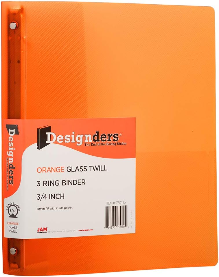 JAM PAPER Plastic 0.75 inch Binders - Orange 3 Ring Binder - Bulk 36/Pack