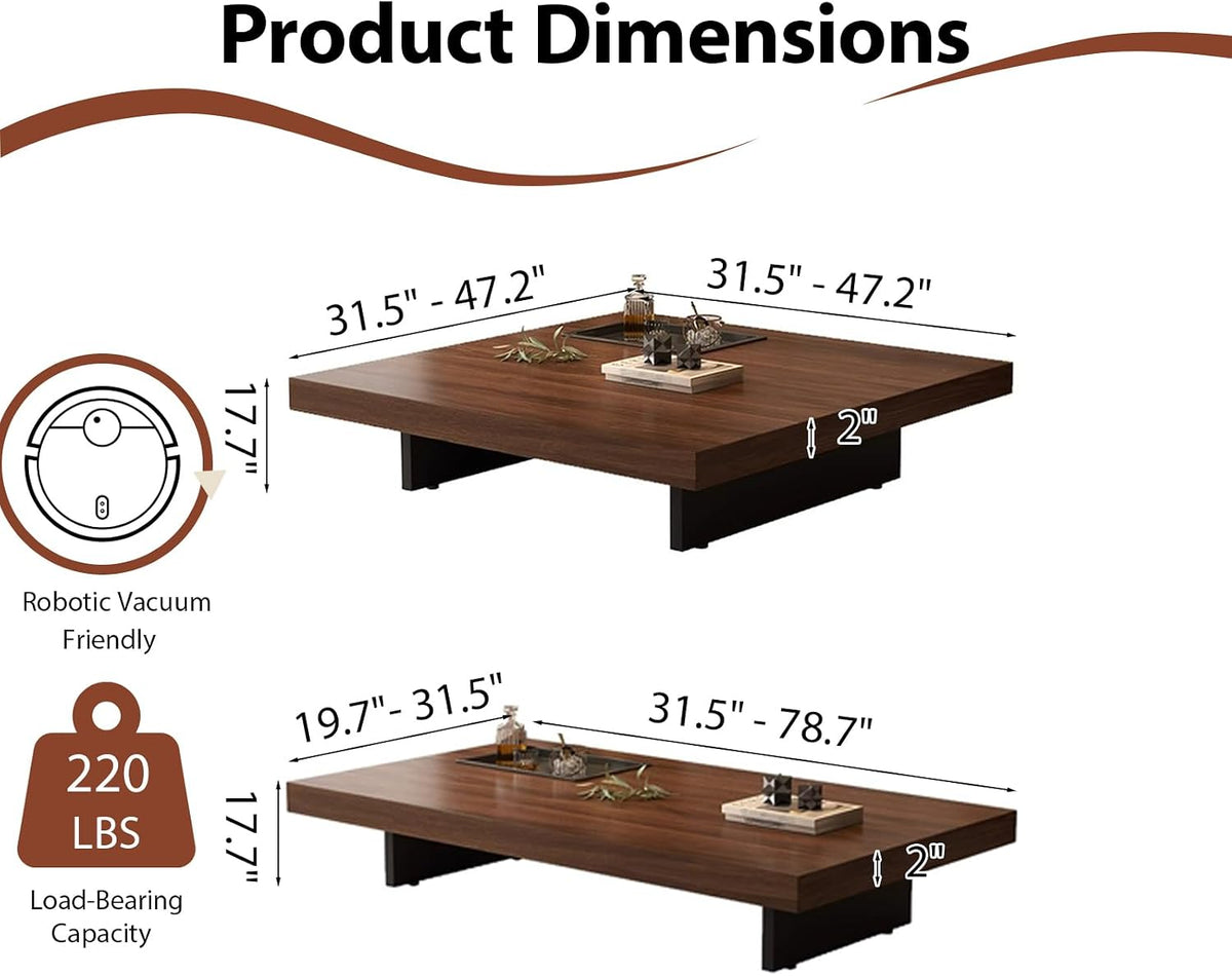 Coffee Table, Solid Wood Farmhouse Coffee Tables with Adjustable Foot Pads, Modern Large Square Center Tables for Living Room Black Square-31.5'x31.5'x 17.7'
