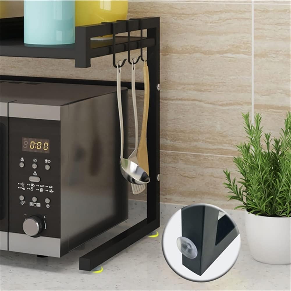 Microwave Stand Extendable Microwave Oven Rack Adjustable Stand Kitchen Counter Shelf Organizer with 3 Hooks Storage
