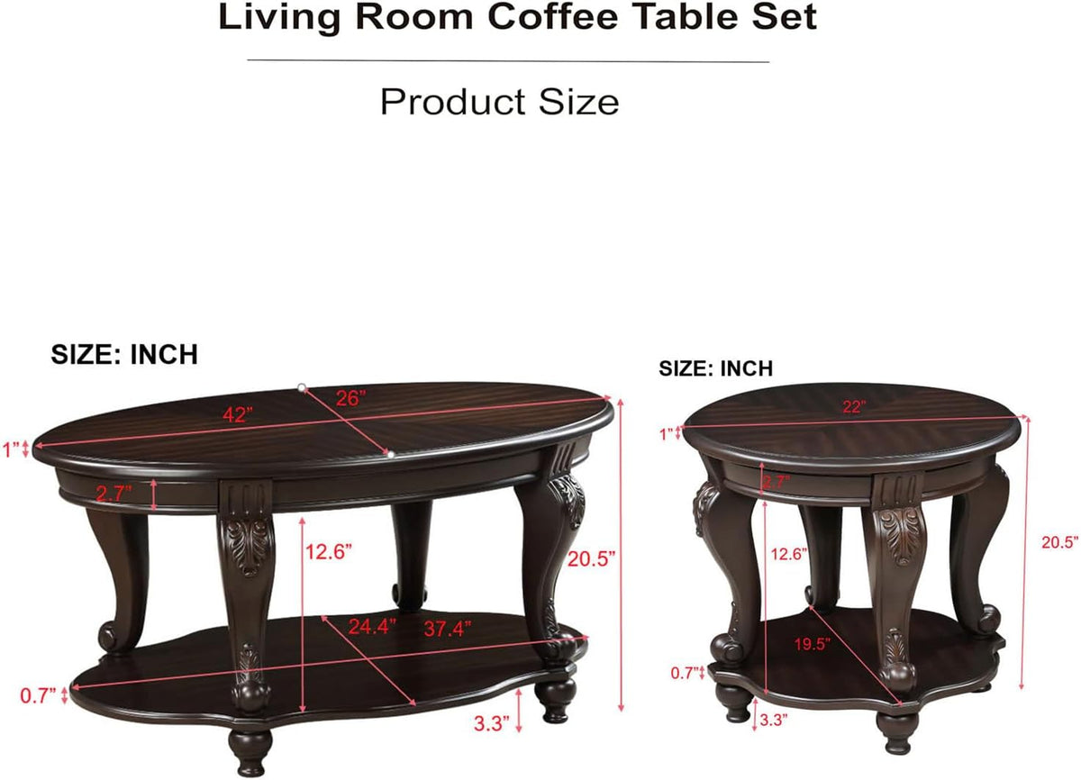 Solid Wood Coffee Table Set for Living Room, Coffee Table & 2 End Side Table 3-Piece Set with Open Storage for Office Apartment Espresso