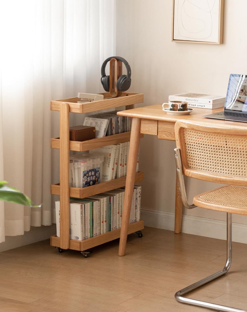 100% Solid Oak Art Storage Cart, 4-Tier Rolling Utility Cart with Wheels, Multifunctional Storage Trolley Shelving Unit on Wheels for Living Room Kitchen(Natural, 7.87' x 23.62' x 31.89')