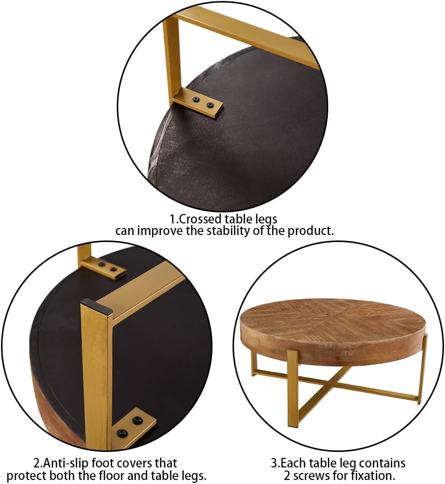 Gexpusm Round Wood Coffee Tables with Metal Leg, Farmhouse Circle Coffee Table for Living Room, Rustic Mid-Century Wooden Coffee Tables for Apartment, Easy Assembly(32' Dx32 Wx18 H)