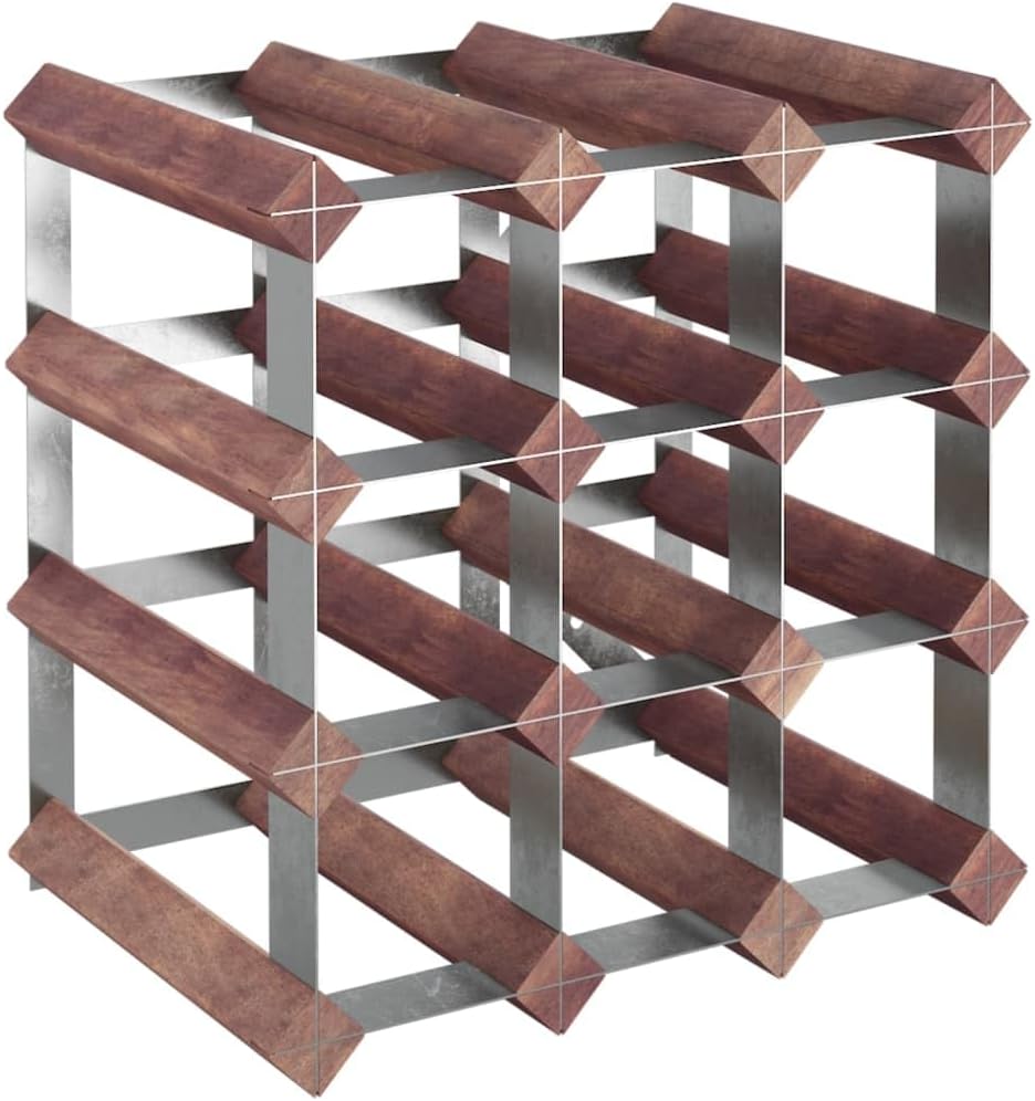 12-Bottle Wine Rack Countertop Small Solid Pine Wood & Galvanized Steel Rustic Display Shelf for Kitchen, Bar, Liquor Cabinet - Brown, Wall-Mounted Design with Mounting Hardware