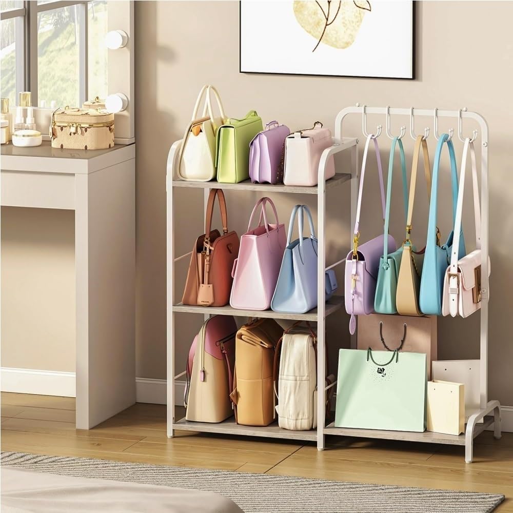Large Capacity Mental Purse Organizer for Closet, Multifunctional 3-Tier Bag Rack with Hooks, Freestanding Handbag Storage for Cloakroom, Bedroom, Living Room