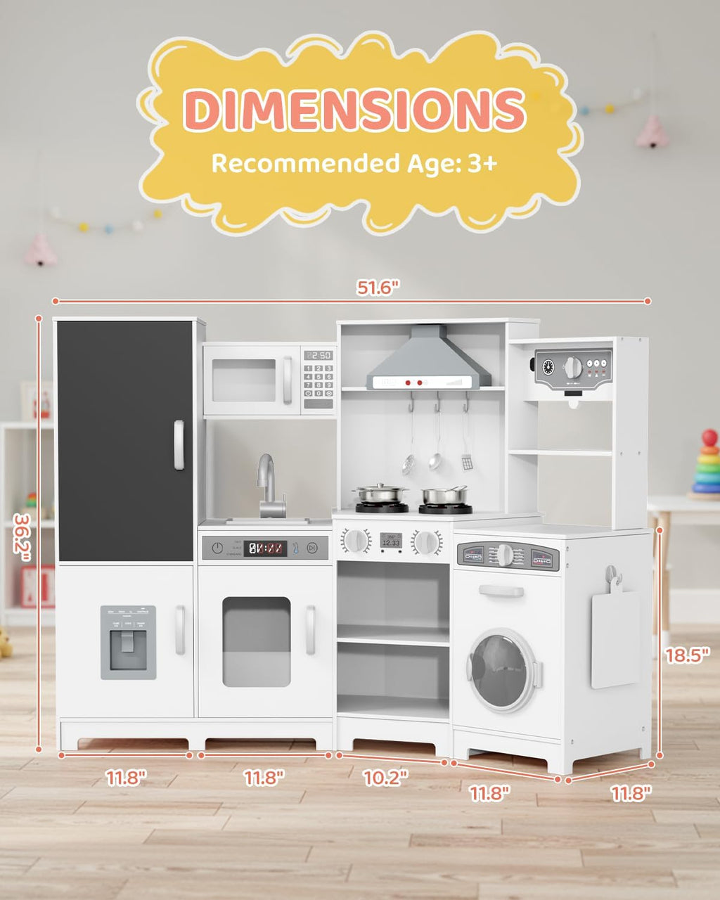 MAMIZO Wooden Corner Play Kitchen, Extra-Large Interactive Kids Kitchen Playset w/Lights & Sounds, Blackboard, Washing Machine, Ice Maker & 7 Accessories, Ultimate Pretend Toy Kitchens for Toddler