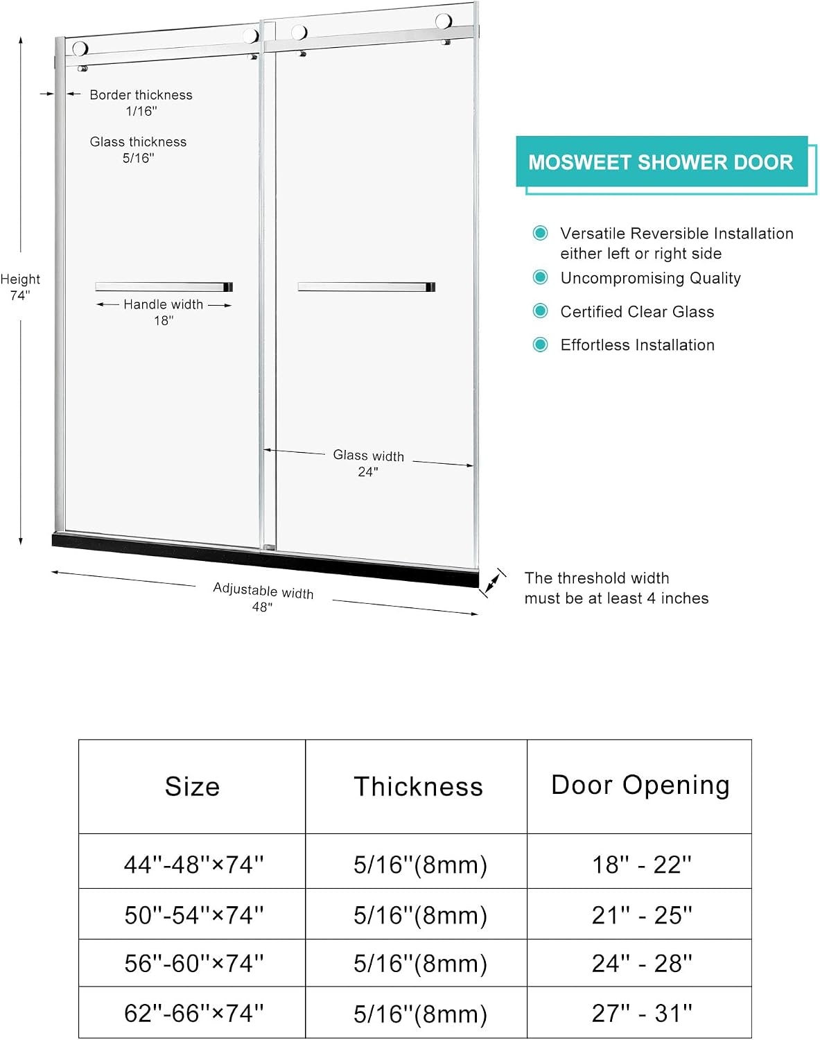 Milano Double Sliding Shower Door, 48 in.W x 74 in.H Framed Shower Door 5/16'(8mm) Clear Tempered Glass, 18 inch Pull Handle, Stainless Steel Hardware, Polished Chrome Finished
