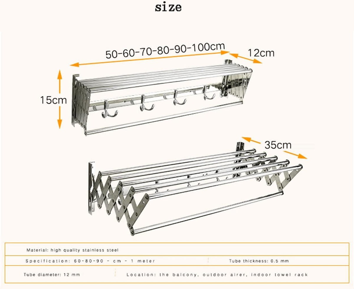Clothes Horse - Wall Mounted Laundry Drying Rack - Extendable Towel Holder - with 6 Bar Towel Rail - for Hanging Clothes Dryer (Silver 60cm)