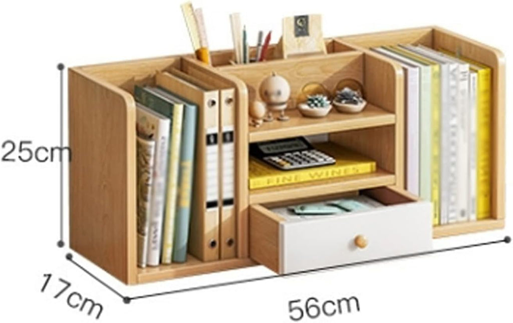 Shelf Bookcase Desktop Wood Bookshelf with 1 Small Drawers, Desk Organizer Shelf and Display Rack, Storage Shelf Bookcase for Office, Home Decor, Kitchen Countertop Book Storage Organizer Shelves