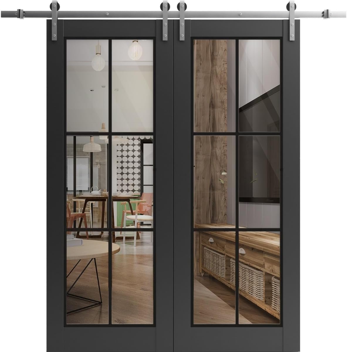 Sturdy Double Barn Door with Clear Glass | Lucia 2366 Matte Black | Stainless Steel 13FT Rail Hangers Heavy Set | Solid Panel Interior Doors-72' x 96' (2 * 36x96)-Silver Rail