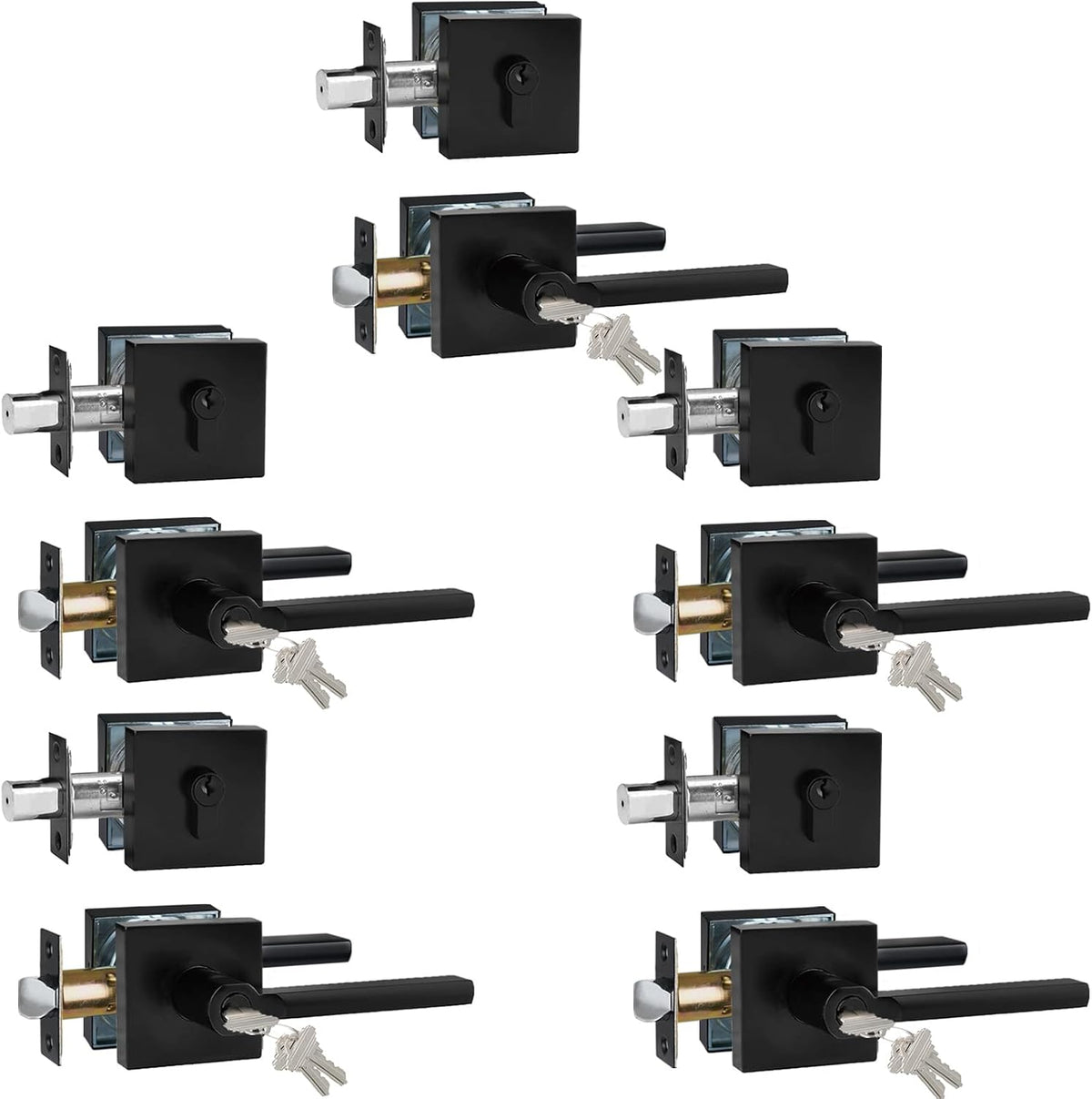 Keyed Entry Door Handle with Single Cylinder Deadbolt, Keyed Alike(Same Keys Only Per Set) Front Door/Exterior Door Lever Lockset, Matte Black, 5 Sets of Locks with 5 Sets of Different Keys