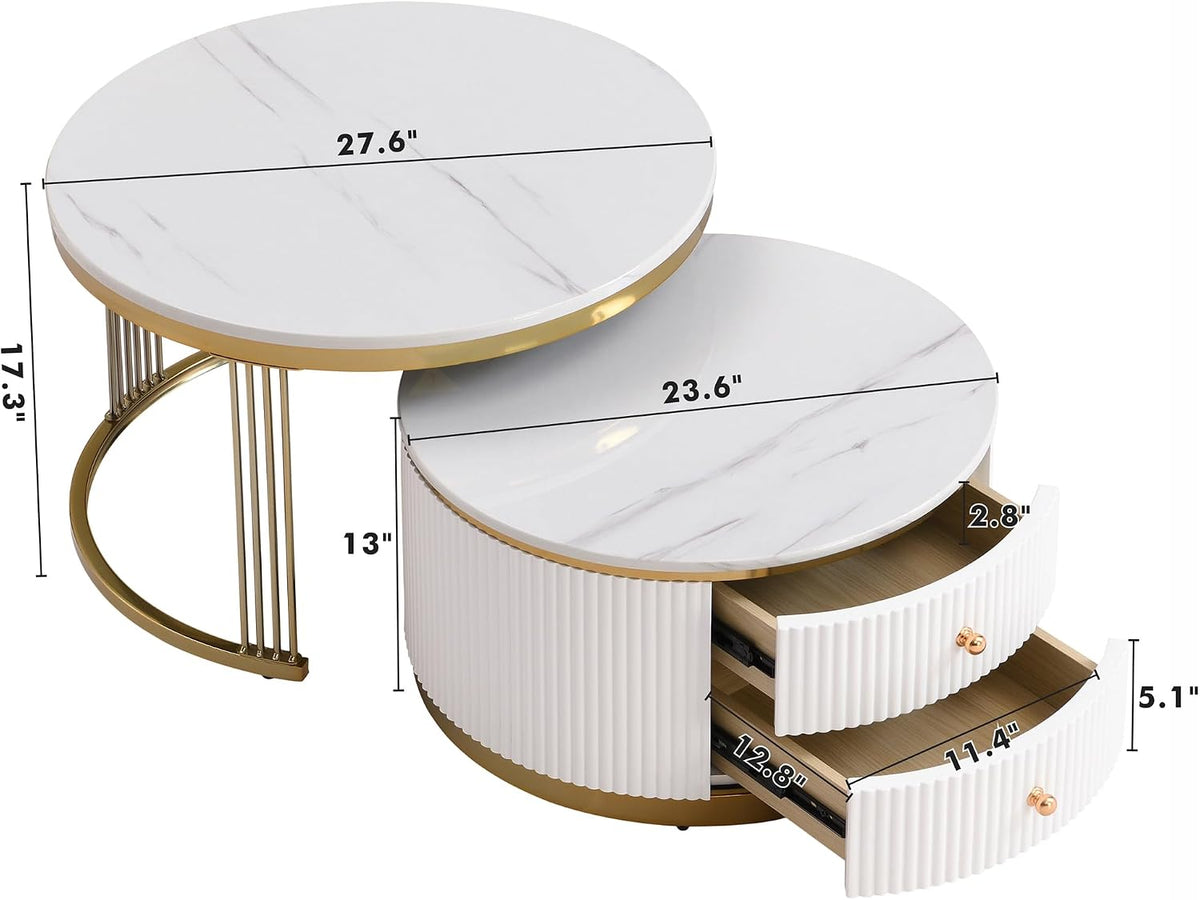 Merax 2-Piece Nesting Coffee Table Set, White Round End Side Tables with Drawers & Gold Metal Legs, Modern Compact for Living Room Small Spaces Apartment