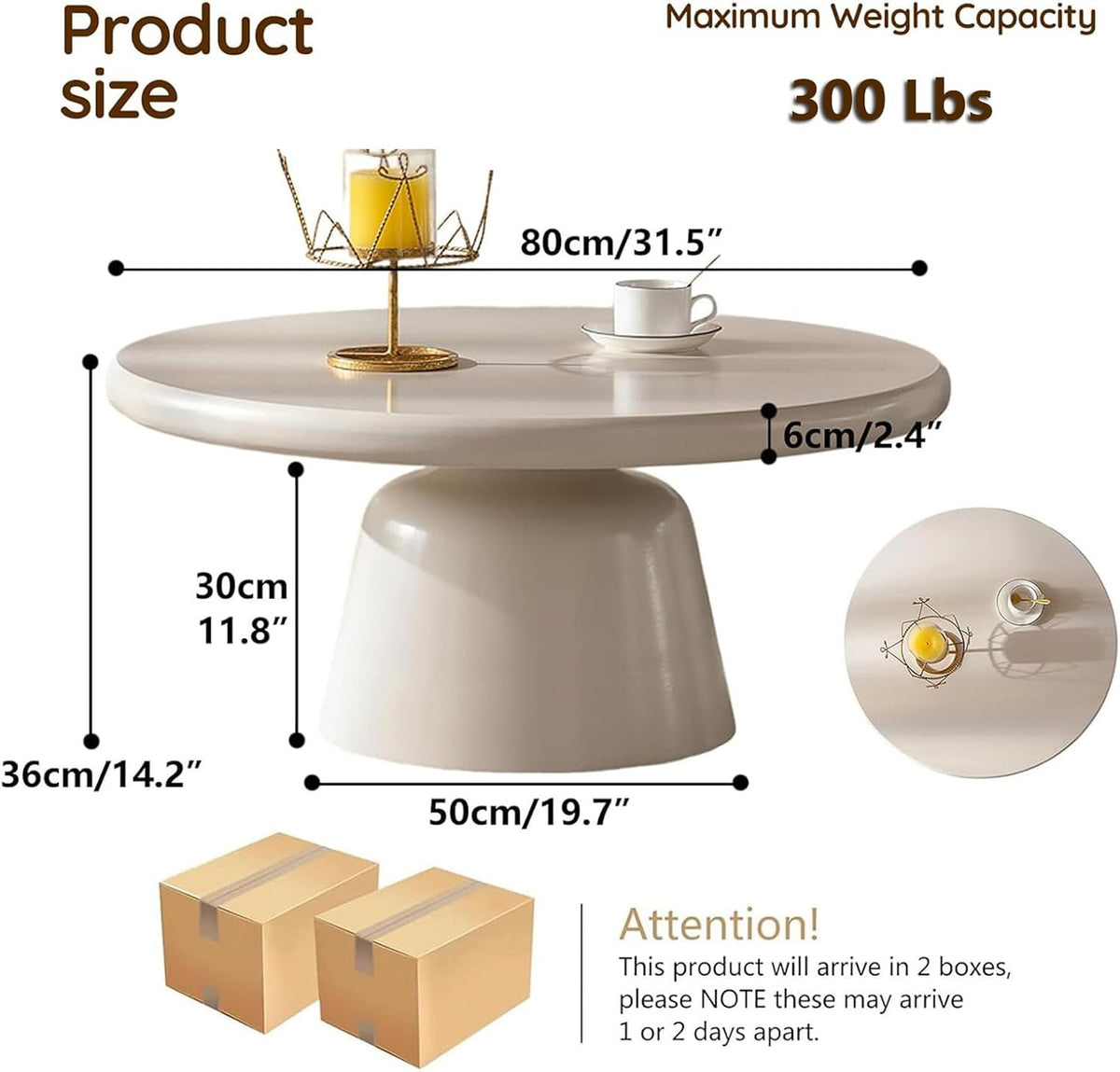 Cream White Round Coffee Table with Stylish Curve, Mid Century Modern Drum Coffee Table, Minimalist Farmhouse Center Furniture, for Living Room Apartment Office (D)