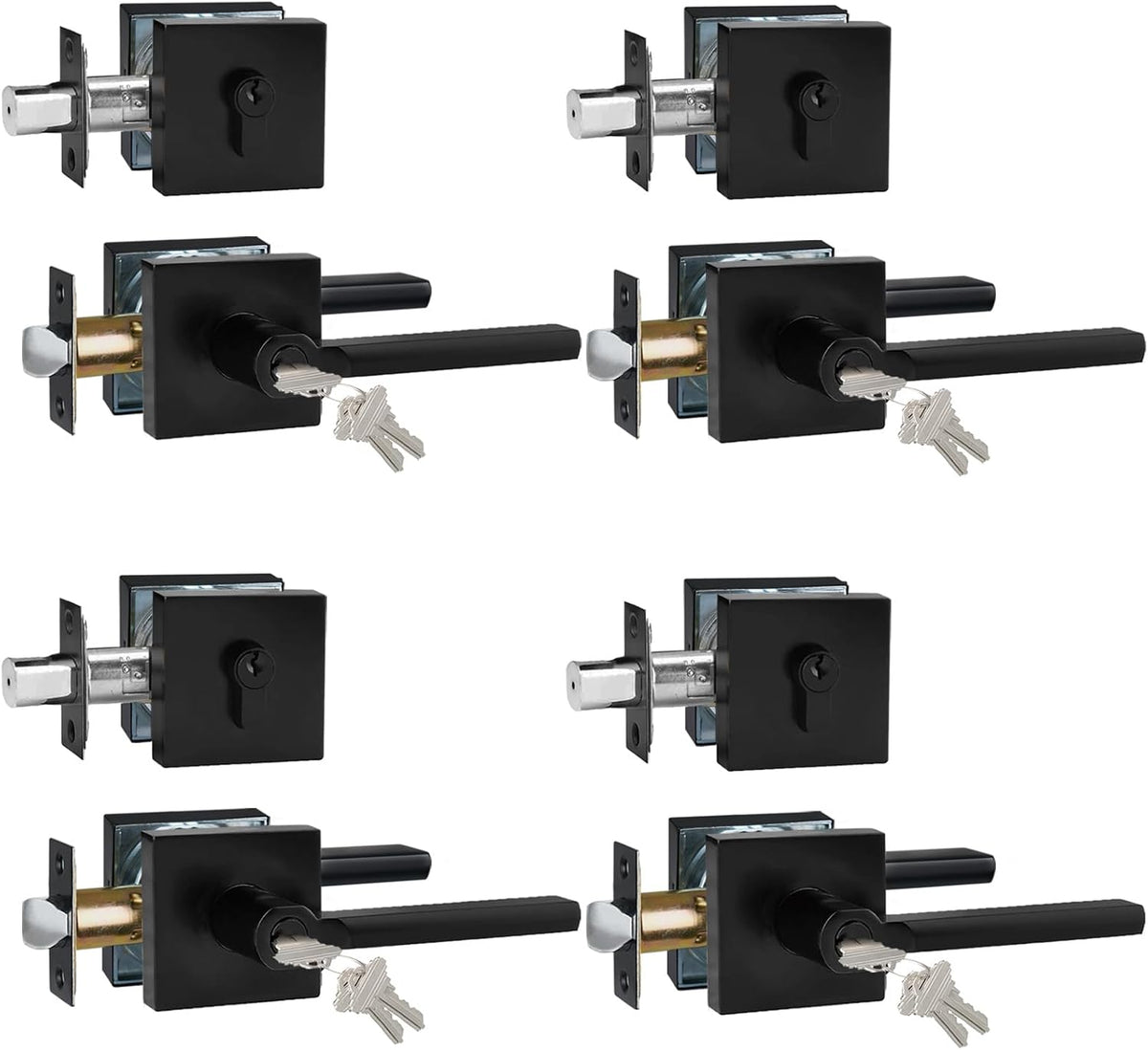 Keyed Entry Door Handle with Single Cylinder Deadbolt, Keyed Alike(Same Keys Only Per Set) Front Door/Exterior Door Lever Lockset, Matte Black, 4 Sets of Locks with 4 Sets of Different Keys