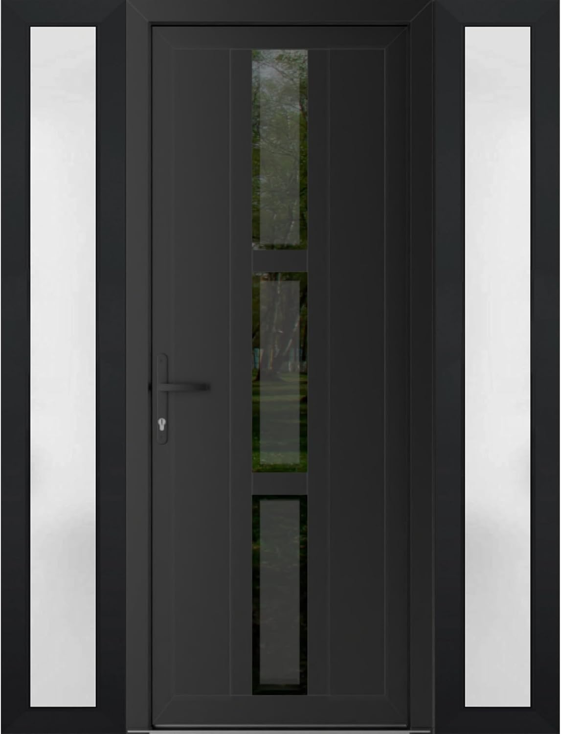 VDOMDOORS Front Exterior Prehung Metal-Plastic Door Frosted Glass | Manux 8112 Matte Black | 2 Side Sidelite Transoms | Residential Doors Entrance Patio Garage 60 x 80 (W12+36+12 x H80) Right-Inswing