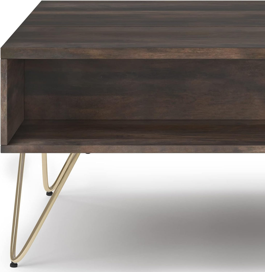 SIMPLIHOME Hunter SOLID MANGO WOOD and Metal 48 Inch Wide Rectangle Industrial Lift Top Coffee Table in Ebony, For the Living Room and Family Room