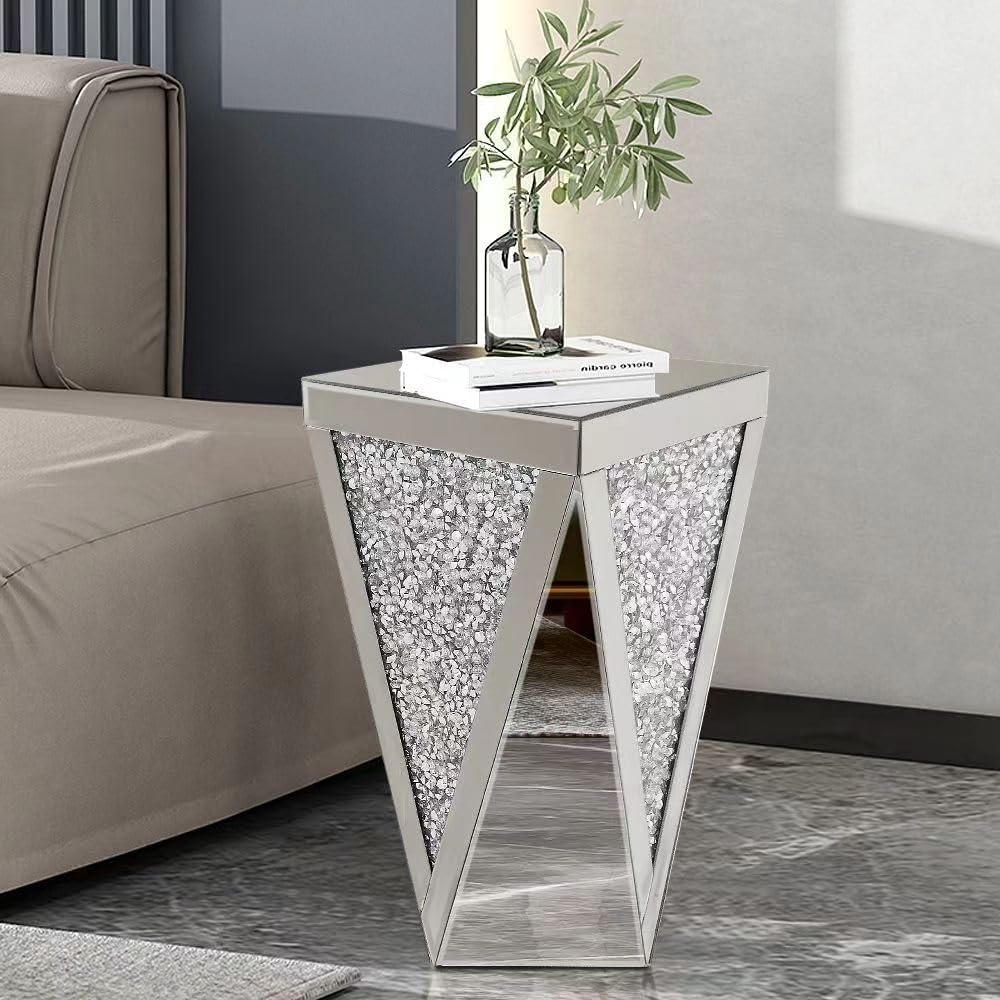 Pregaspor Silver Mirrored End Table, Crystal Inlay Side Table Accent Table, Small Mirrored Coffee Table for Living Room, Bedroom, Corner, 22' H