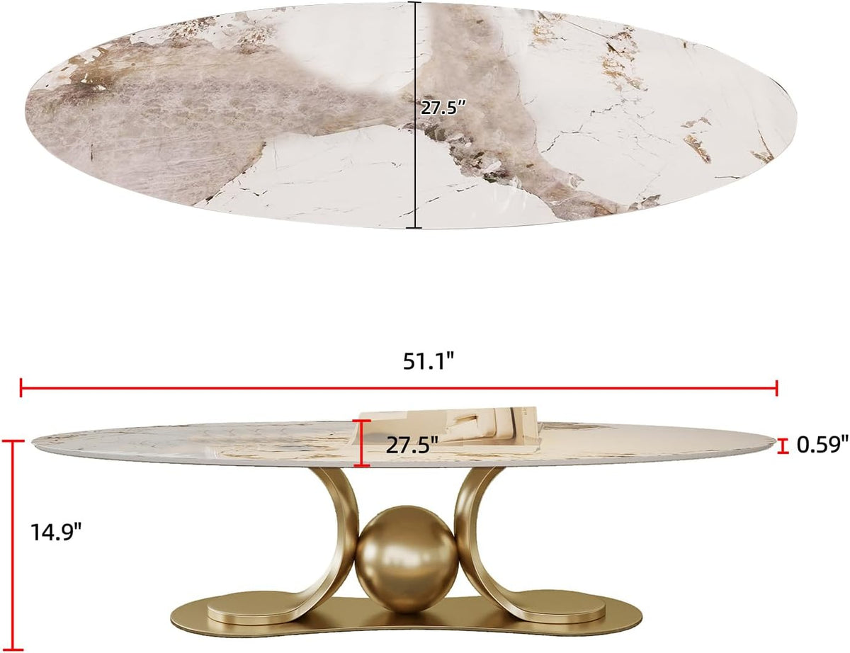 JIJIWANG 51.1' Oval Coffee Table with Gold Stainless Steel Pedestal, Luxury Faux Coffee Table with Marble Top, Sintered Stone Cocktail Center Tables for Apartment Office Easy Assembly Gold