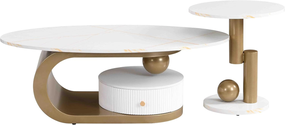 Faux Marble Nesting Coffee Table Set of 2,Modern Coffee Table Set with End,Oval Living Room Table with Gold Metal Base,White Marble Grain Top & 1 Drawer,Stack Tea Table Set