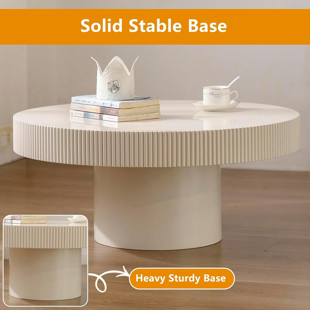 30.7'' Modern Fluted Round Coffee Table for Living Room, Drum Circle Coffee Table with Sturdy Pedestal, Small Round Center Table Contemporary Tea Table Funky Side Table for Apartmen,White,Fluted