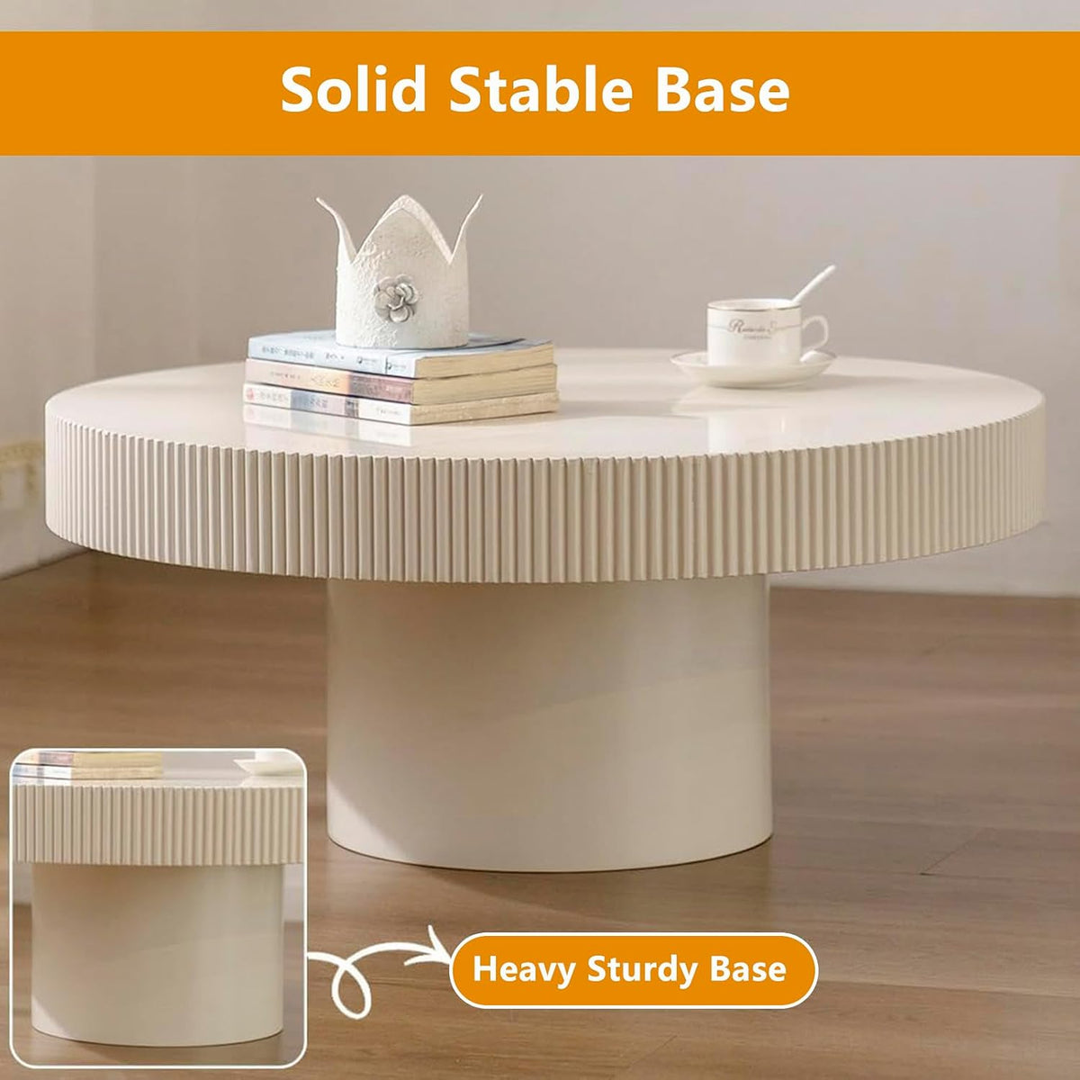 30.7'' Modern Fluted Round Coffee Table for Living Room, Drum Circle Coffee Table with Sturdy Pedestal, Small Round Center Table Contemporary Tea Table Funky Side Table for Apartmen,White,Fluted