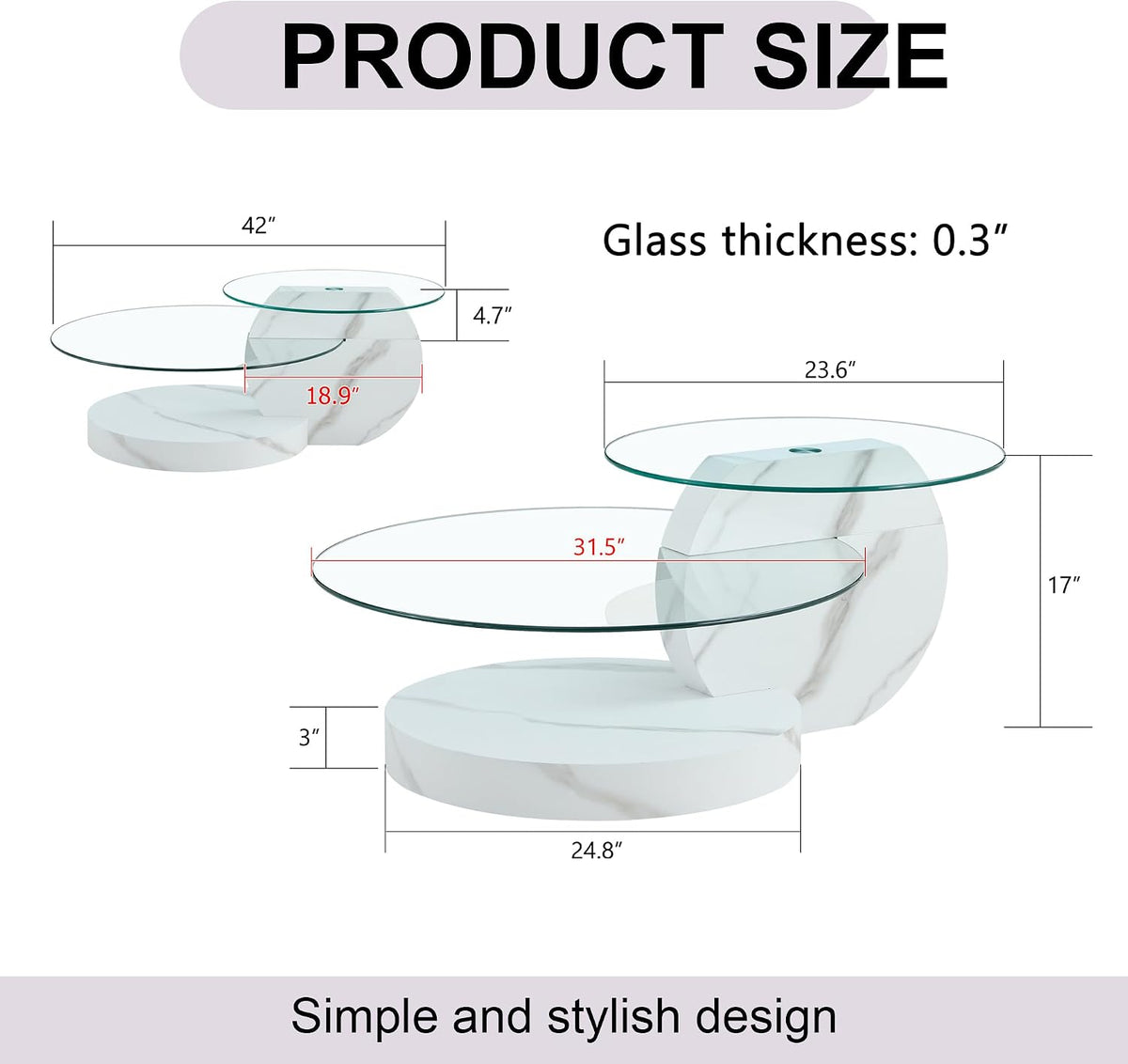 Ebullient Modern Round Glass Coffee Table, 3-Tier Wood Base Geometric Center Table for Living Room, Contemporary Accent Furniture, 42 Inch