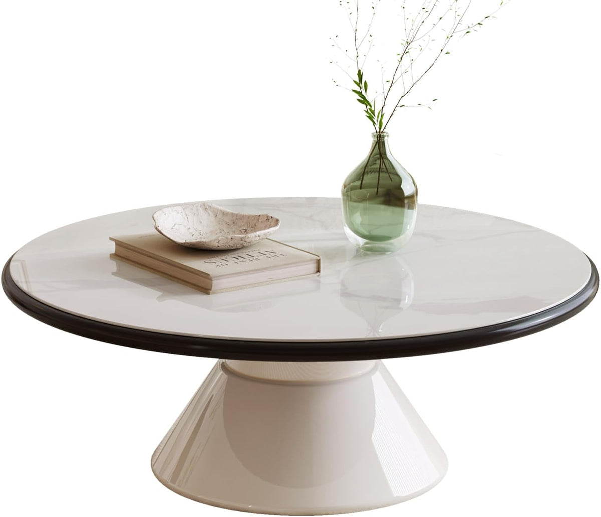 Round Faux Marble Look Coffee Table, White CenterTable with Stable Pedestal, Modern Tempered Glass Designed White Marble Dining Table for Kitchen,Living Room,Apartment,Restaurant