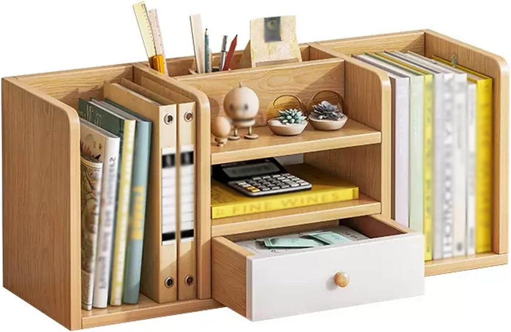 Shelf Bookcase Desktop Wood Bookshelf with 1 Small Drawers, Desk Organizer Shelf and Display Rack, Storage Shelf Bookcase for Office, Home Decor, Kitchen Countertop Book Storage Organizer Shelves