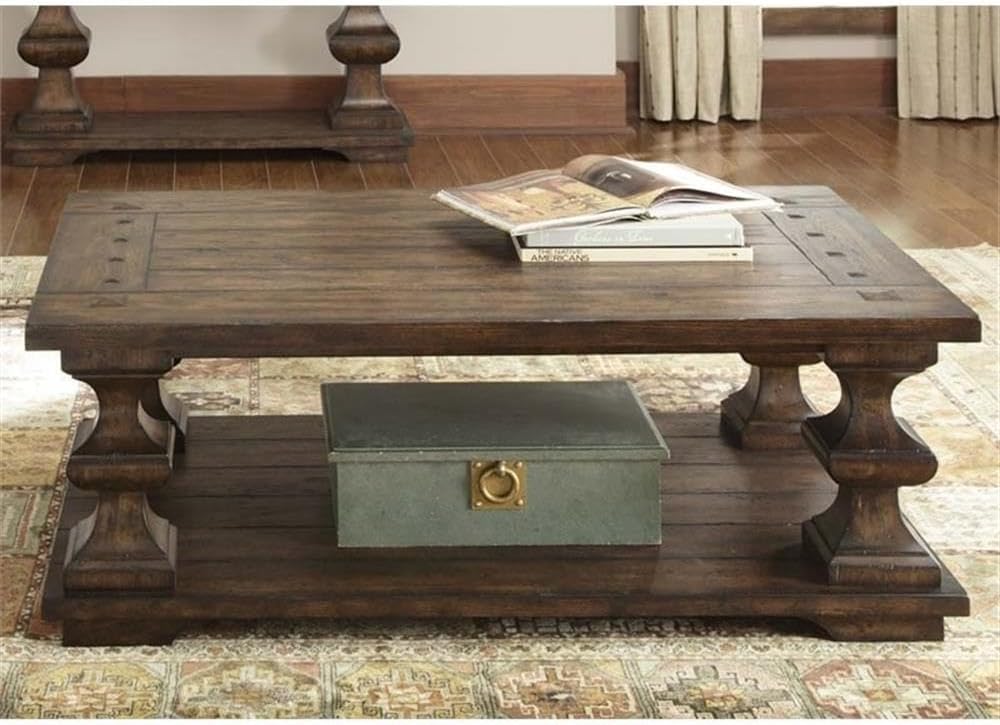 Pemberly Row Traditional Wood Cocktail Table, Brown Finish, Spanish Style Turned Legs, Heavy Planked Top, Bottom Shelf, Square Peg Accents, 50 in Wide Coffee Table for Living Room Storage and Display