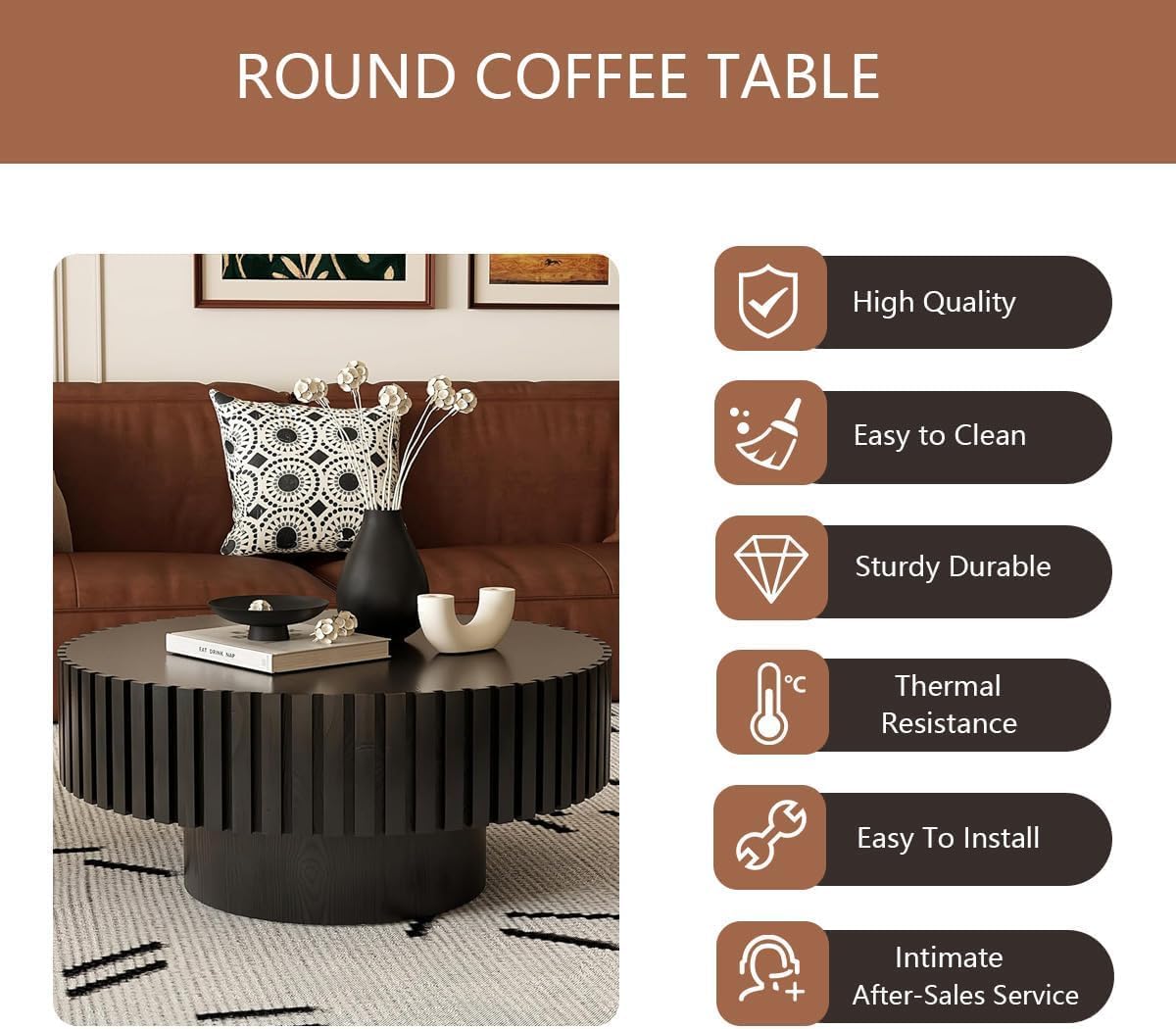 WXFKLDJ Round Drum Coffee Table Black Round Fluted Coffee Table Wood Circle Center Table Pedestal End Table for Apartment Living Room (Black Round)