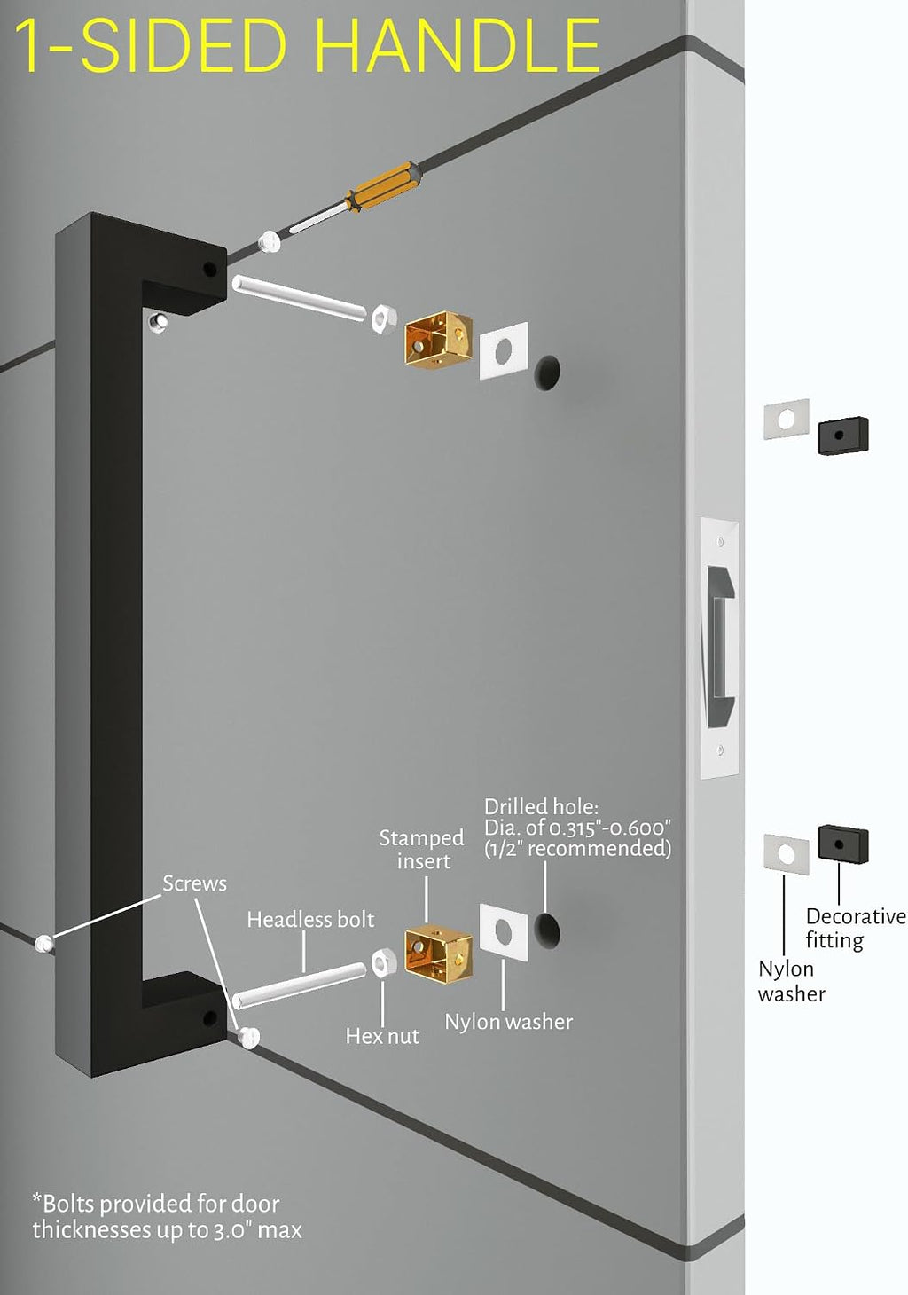 16 Inch Single-Sided Modern Matte Black Door Handle Pull, Stainless Steel Push Pull Handle for Wood Glass Metal Single or Double Doors Shower Doors Sliding Barn Door, Square Rectangular Shape Bar