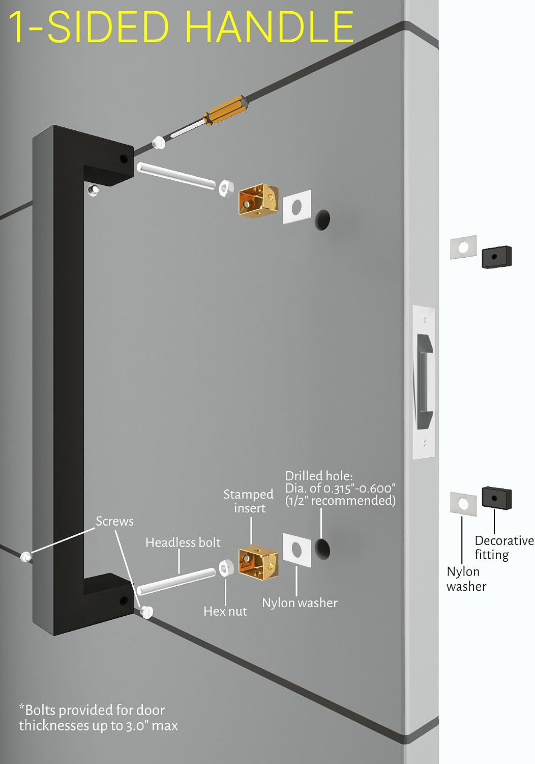 16 Inch Single-Sided Modern Matte Black Door Handle Pull, Stainless Steel Push Pull Handle for Wood Glass Metal Single or Double Doors Shower Doors Sliding Barn Door, Square Rectangular Shape Bar