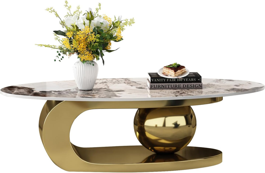 49.2' Oval Stone Coffee Table, Modern Center Tables with Sturdy Metal Base, Faux Marble Coffee Table with Pandora Textured Stone Tabletop, Tables for Living Room, Office, Gold