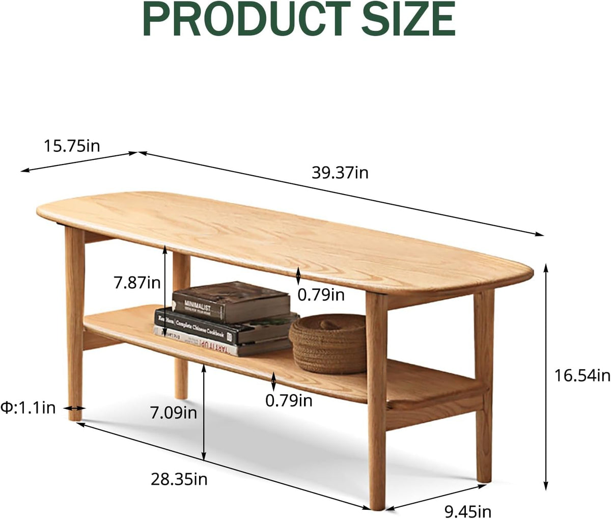 100% Solid Oak Wood Coffee Table with Open Shelf - Oval Narrow Coffee Table for Small Space, Living Room (Oak, 39.37')