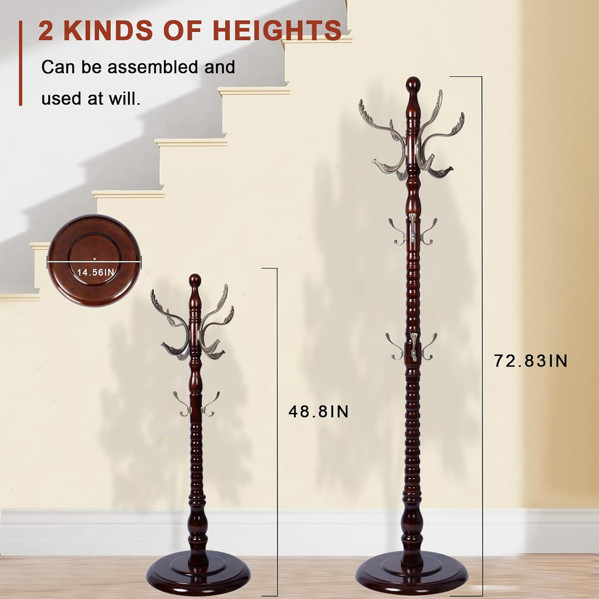 Wooden Coat rack freestanding, Coat racks stand with 14 Hook, Heavy duty coat tree standing 3 Adjustable Heights for Bedroom, Entryway, Hallway, Office,Stury Base (Metal Phoenix Hook)