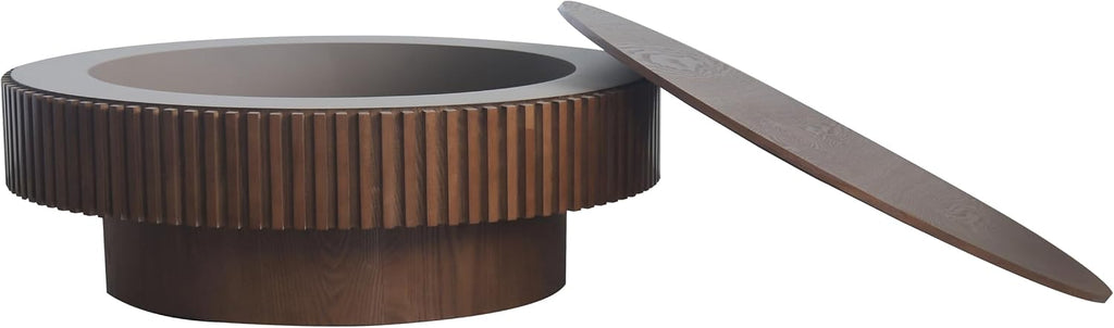 39' Round Coffee Table with Hidden Storage Compartment, Modern Handcraft Fluted Drum Coffee Table, Wooden Circle Center Table Cocktail Tea Table with Sturdy Pedestal for Living Room, Walnut
