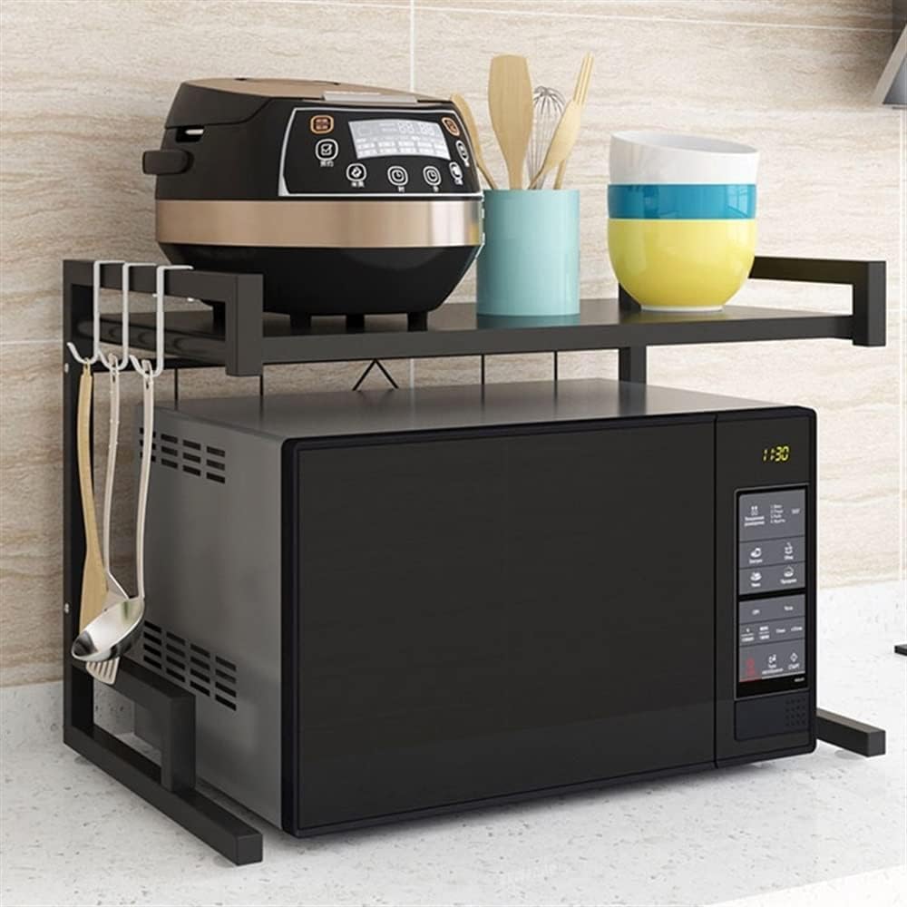 Microwave Stand Extendable Microwave Oven Rack Adjustable Stand Kitchen Counter Shelf Organizer with 3 Hooks Storage