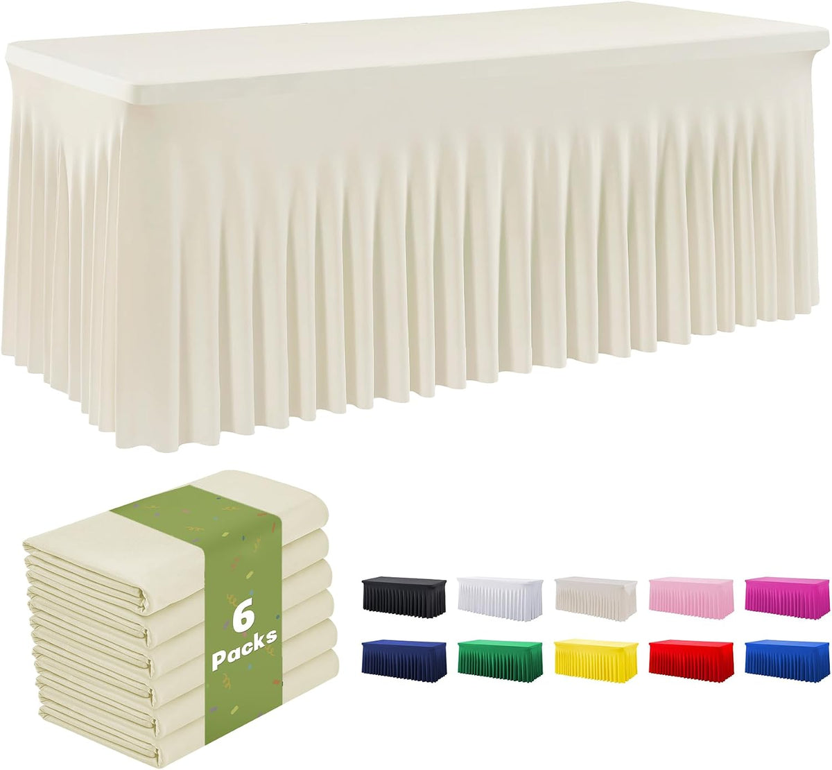 Leegleri 6 Pack Ivory Spandex Table Clothes for 8ft Rectangle Tables, Wrinkle Free Fitted Tablecloths for Parties, Weddings, Banquets, Baby Showers