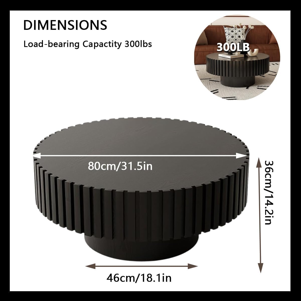 WXFKLDJ Round Drum Coffee Table Black Round Fluted Coffee Table Wood Circle Center Table Pedestal End Table for Apartment Living Room (Black Round)