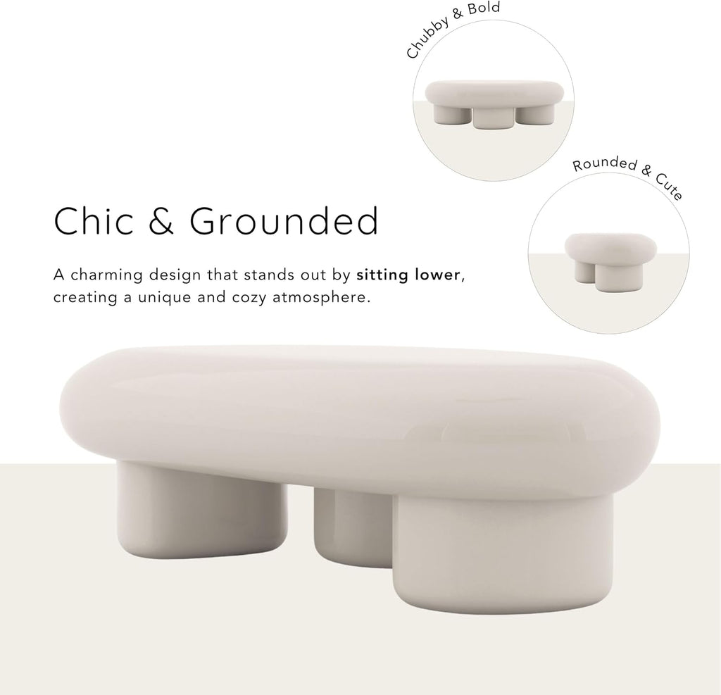 24/7 Shop at Home Kavren Modern 37-inch 2-Piece Oval Glossy Low Profile Coffee Table Set, Stone Shape Living Room Furniture for Small Space, Ivory