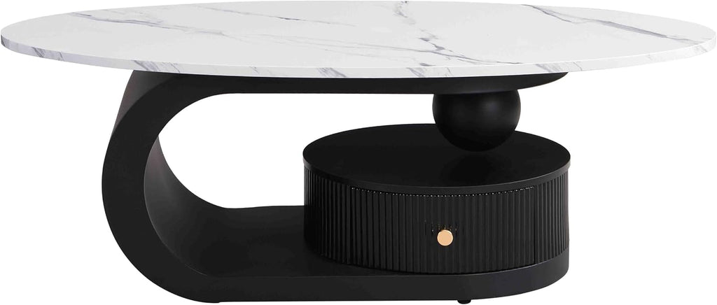 Modern Nesting Coffee Table Set of 2, Oval and Round Coffee Table Set for Living Room, Faux Marble Coffee Table and Round End Table, Luxury Living Room Accent Table for Apartment (Black with Drawer)