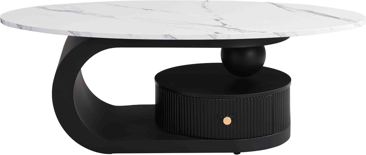 Modern Nesting Coffee Table Set of 2, Oval and Round Coffee Table Set for Living Room, Faux Marble Coffee Table and Round End Table, Luxury Living Room Accent Table for Apartment (Black with Drawer)