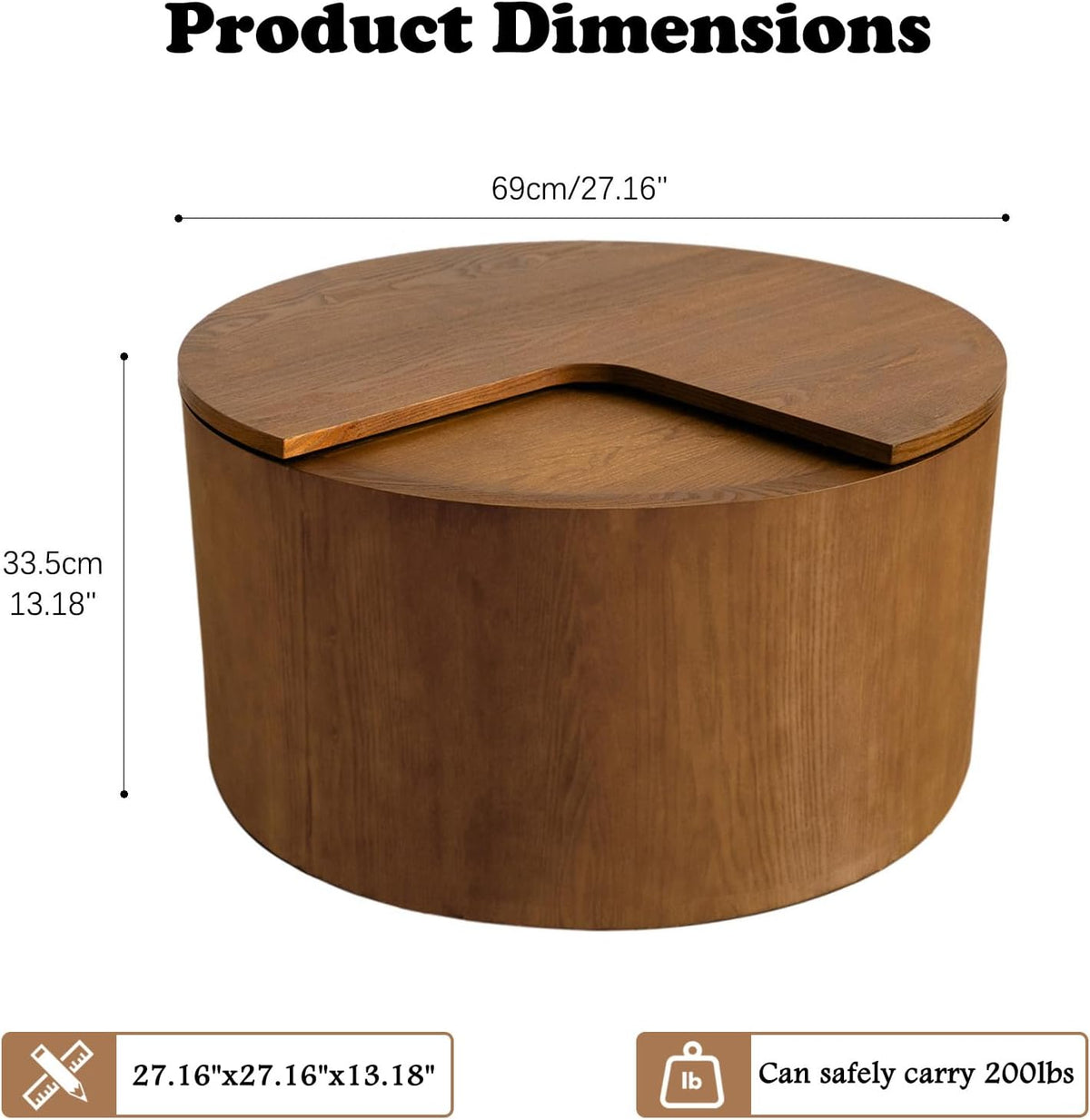 27.16' Round Coffee Table with Storage Modern Wooden Coffee Table Circle Accent Center Table for Living Room Small Space Apartment Office (Circle Brown)
