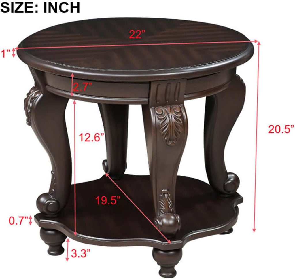 Round End Table for Living Room, Solid Wood Sofa Side Table with Shelf, Retro Corner Table for Office Small Space (22' W x 19.5' D x 20.5' H, Espresso)