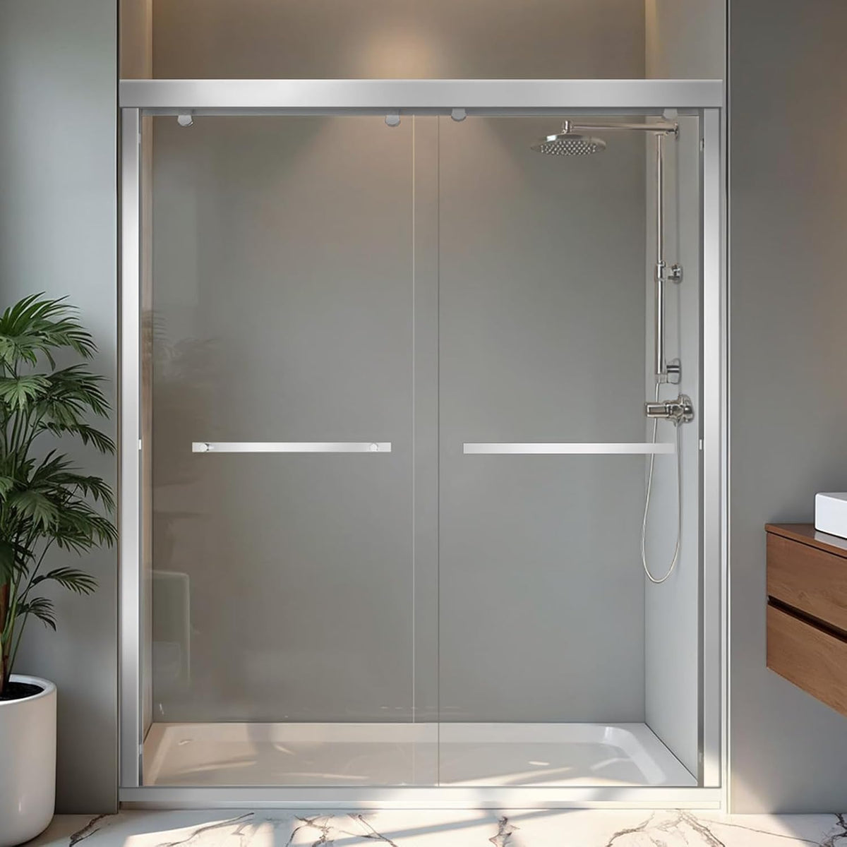 Shower Door 56-60' W x 72' H, Semi-Frameless Double Sliding Glass Shower Door, 1/4' (6mm) SGCC Tempered Glass Bathroom Sliding Door, Chrome Silver Finish, 304 Stainless Steel Hardware
