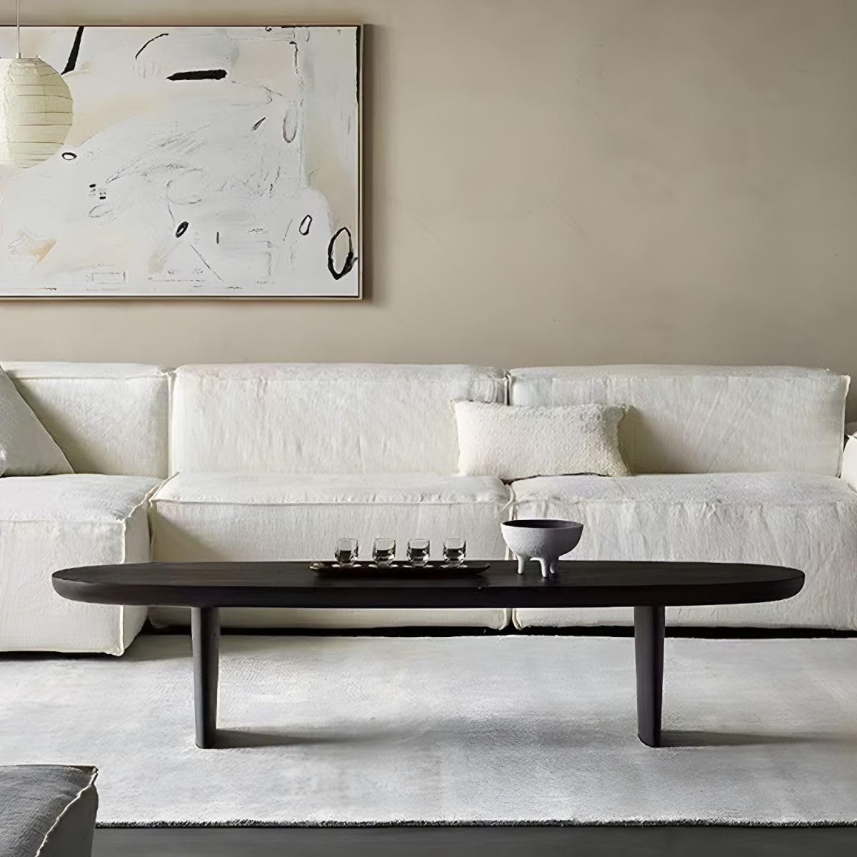 RUNNUP Black Wood Coffee Table Oval Modern Coffee Table Accent Center Sofa Table Cocktail Center Table for Small Apartment Living Room Easy Assembly, 59' L x 19' W x 16' H