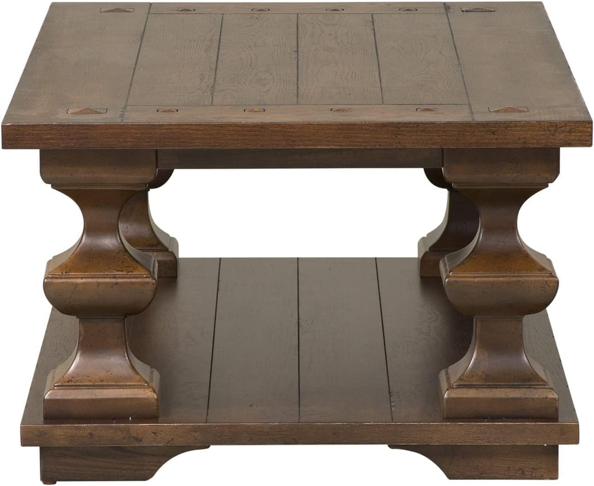 Pemberly Row Traditional Wood Cocktail Table, Brown Finish, Spanish Style Turned Legs, Heavy Planked Top, Bottom Shelf, Square Peg Accents, 50 in Wide Coffee Table for Living Room Storage and Display