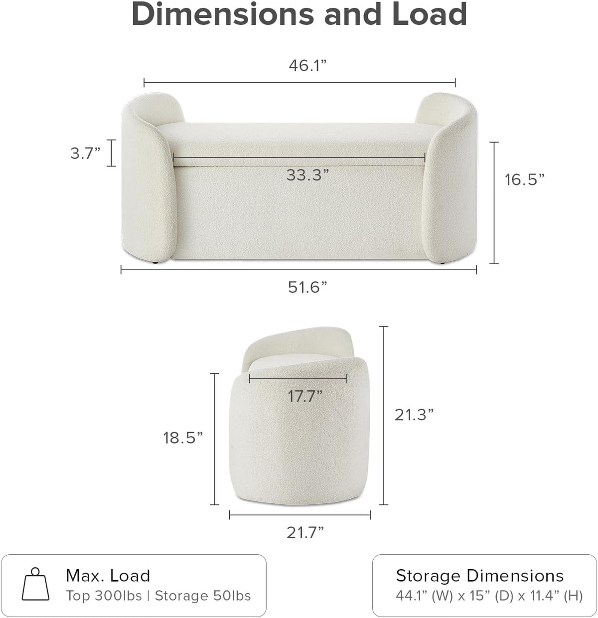 mopio Sophie 51' Ottoman Storage Bench, Entryway and Window Seating, End of Bed Curved Stool for King & Queen Bed, Storage Chest for Bedroom (Pearl White Boucle)