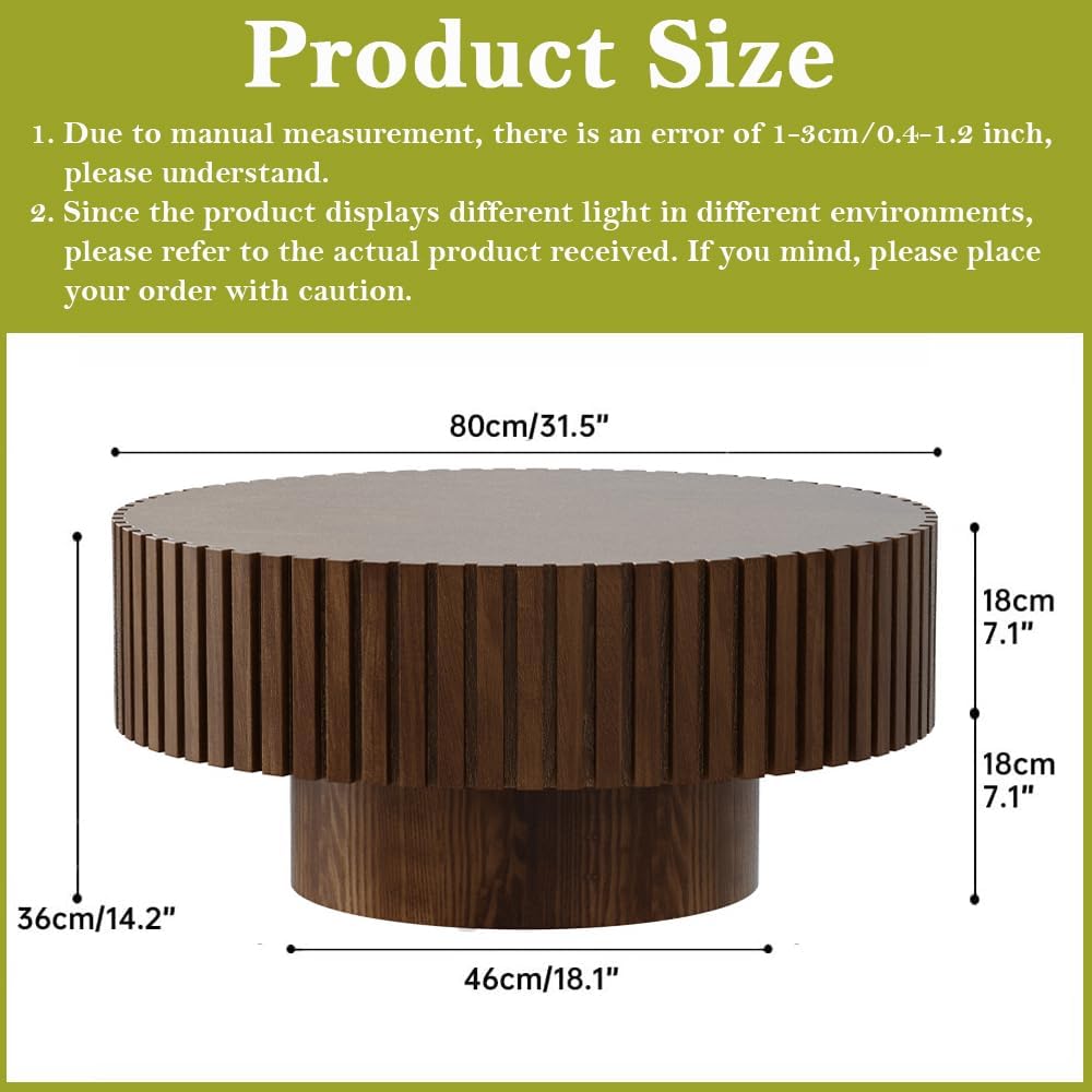 Round Coffee Table for Living Room Round Fluted Drum Coffee Table Modern Brown Fluted Drum Coffee Tables for Living Room (D Walnut 31in)